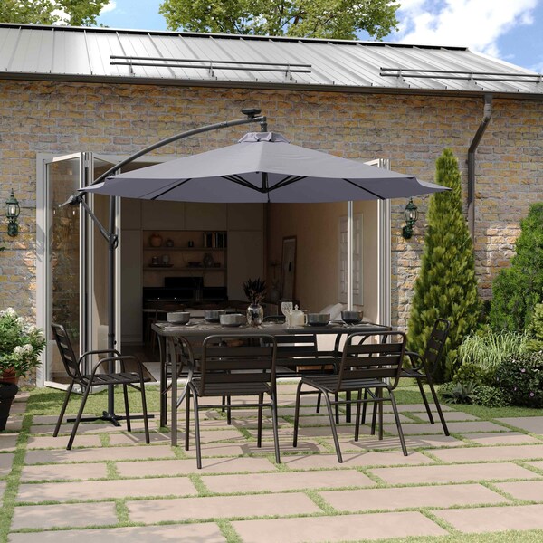 Flash Furniture Sedona 10FT Round Umbrella w/32 Solar LED Lights, Built in Cross Base, Easy Lift/Tilt Function, Gry GM-WL-UU012-GRY-GG - main
